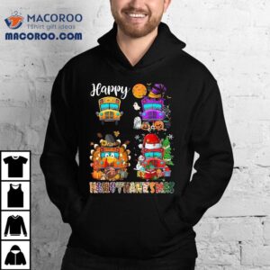 Funny School Bus Witch Turkey Santa Happy Hallothanksmas Boy Tshirt