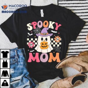 Groovy Spooky Mom Retro Ghost Holding Pumpkin Halloween Tshirt