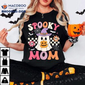 Groovy Spooky Mom Retro Ghost Holding Pumpkin Halloween Tshirt
