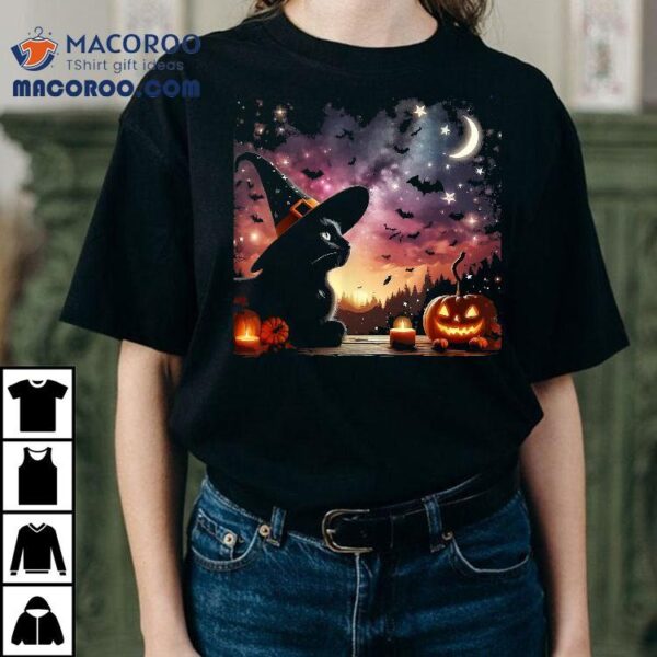 Halloween Night Black Cat Pumpkins Bats Stars Shirt