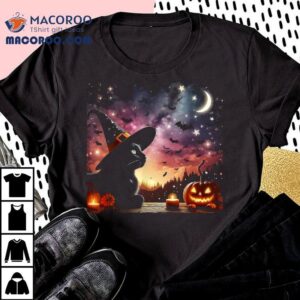 Halloween Night Black Cat Pumpkins Bats Stars Tshirt