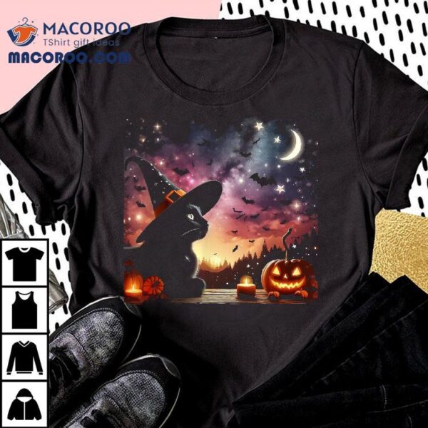 Halloween Night Black Cat Pumpkins Bats Stars Shirt