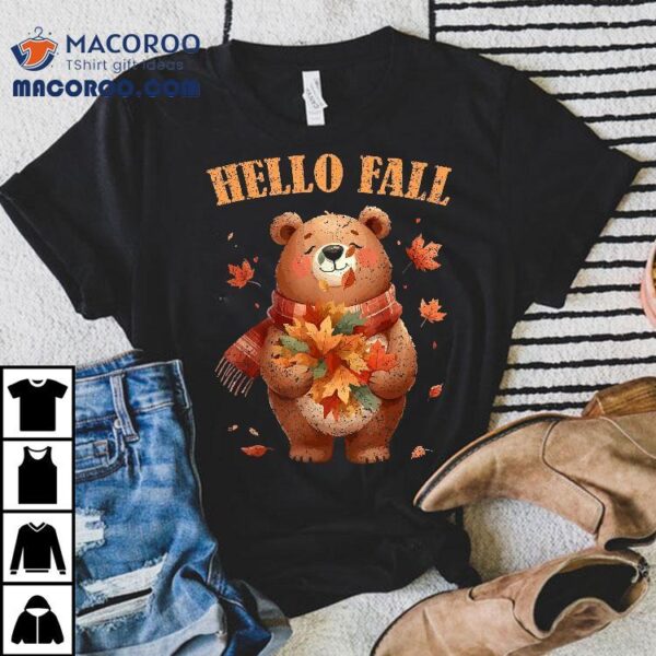 Hello Fall Bear Autumn Season Autumnal Leaves Kids Shirt