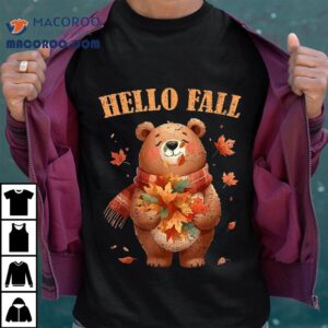 Hello Fall Bear Autumn Season Autumnal Leaves Kids Tshirt