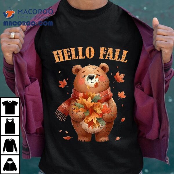 Hello Fall Bear Autumn Season Autumnal Leaves Kids Shirt