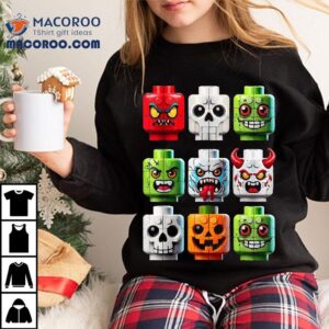 Pumpkin Ghost Zombie Skeleton Building Brick Halloween Tee Shirt