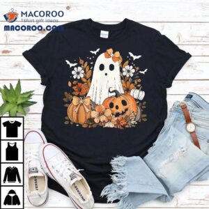 Retro Floral Ghost Cute Pumpkin Autumn Halloween Kids Tshirt
