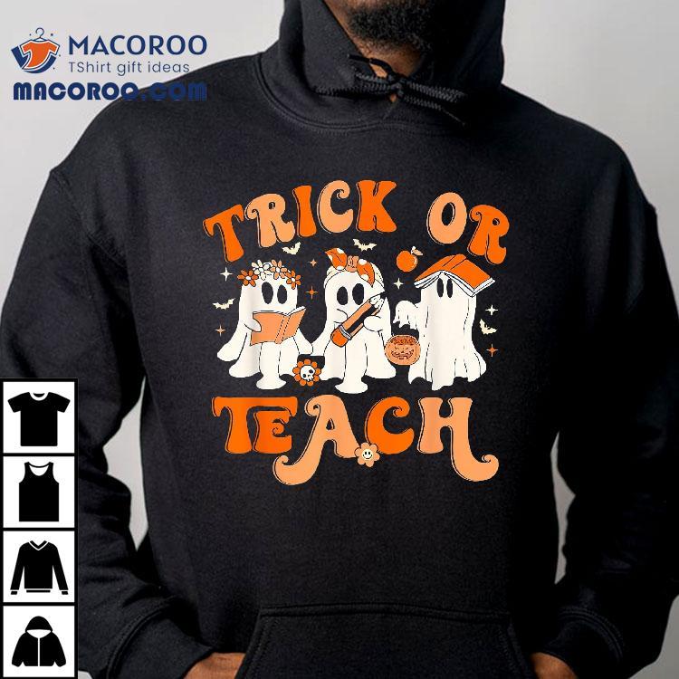 Teacher Halloween Trick Or Teach Retro Groovy Floral Ghost Shirt Teacher Halloween Trick Or Teach Retro Groovy Floral Ghost Shirt