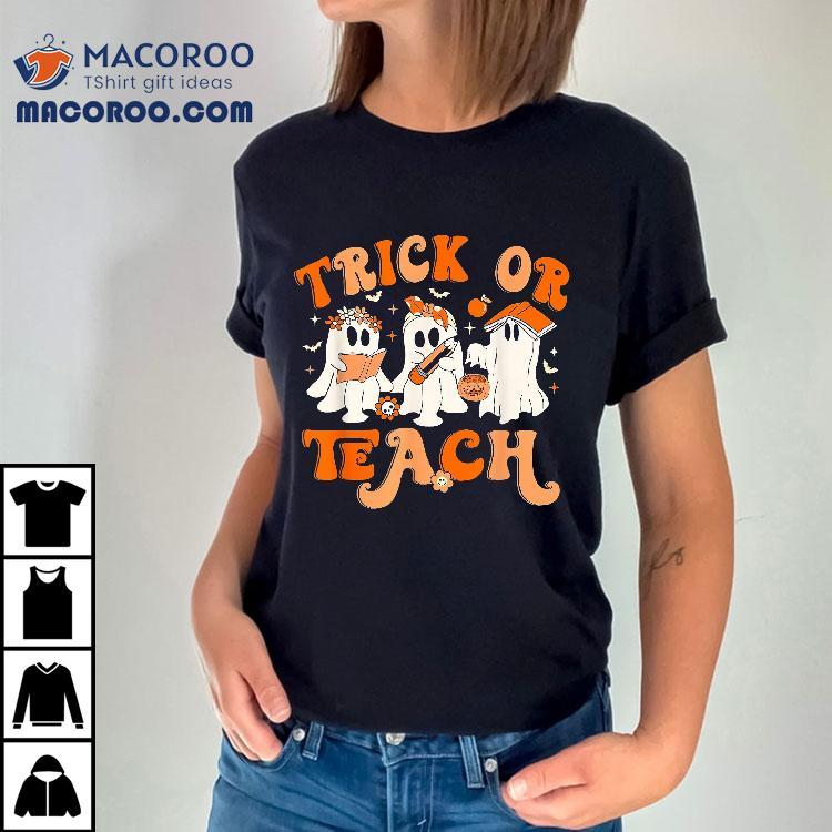 Teacher Halloween Trick Or Teach Retro Groovy Floral Ghost Shirt Teacher Halloween Trick Or Teach Retro Groovy Floral Ghost Shirt