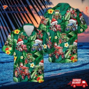 Tractor Christmas Tropical Leaves Hawaiian Shirt