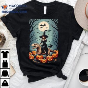 Witch Riding Tyrannosaurus Rex Dinosaur In A Pumpkin Patch Tshirt