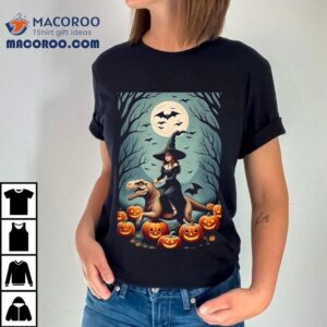 Witch Riding Tyrannosaurus Rex Dinosaur In A Pumpkin Patch Tshirt