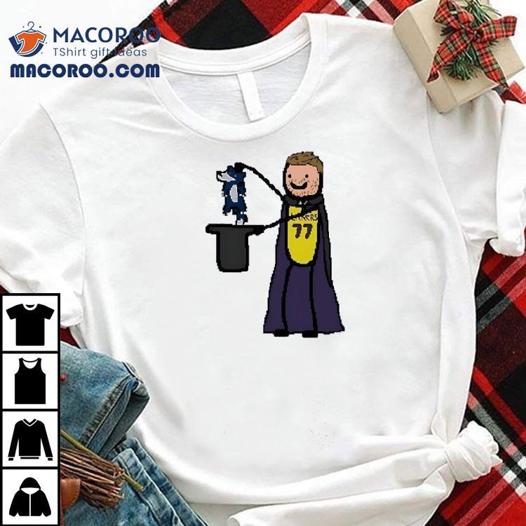 Luka Doncic playfully interacts with Timberwolves mascot in fun chibi tshirt Luka Doncic playfully interacts with Timberwolves mascot in fun chibi tshirt