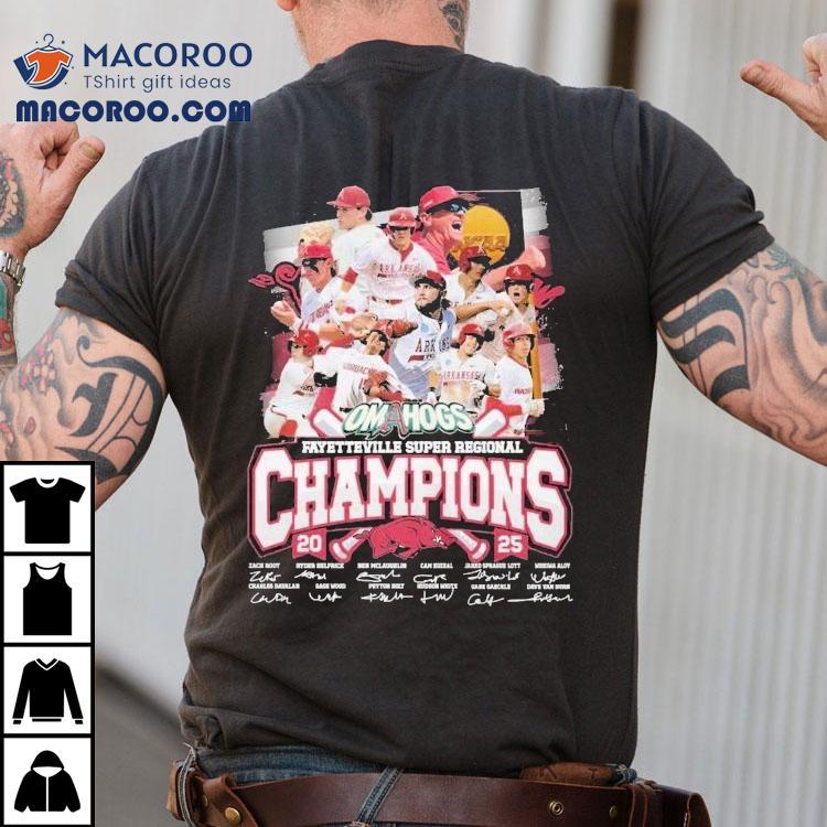 Arkansas Razorbacks Fayetteville Super Regional Champions 2025 Signatures Shirt Arkansas Razorbacks Fayetteville Super Regional Champions 2025 Signatures Shirt