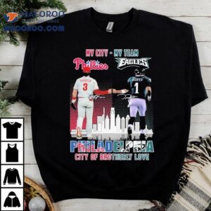 Bryce Harper X Jalen Hurts Philadelphia Phillies My City Philadelphia Eagles My Team Philadelphia City Of Brotherly Love Skyline Tshirt