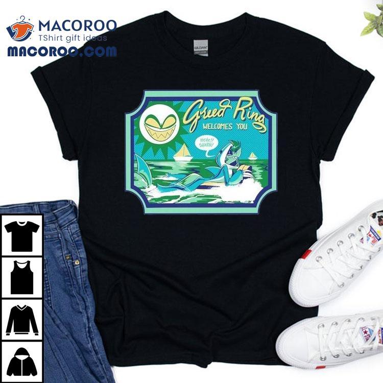 Chaz Helluva Boss Greed Ring Welcome You Hehe Shark Halloween Slasher Tshirt