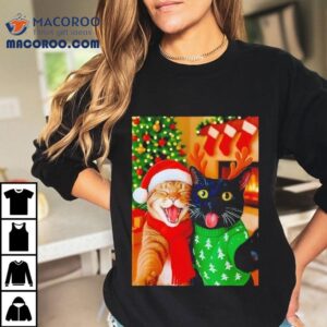 Meme Cat Taking A Selfie Christmas Xmas Lights Holiday Tshirt