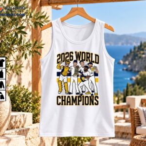 2026 World Champions baseball graphic featuring five celebrating players and a championship trophy in navy and gold