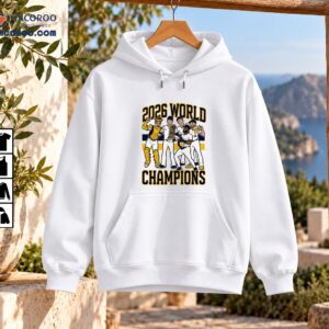 2026 World Champions baseball graphic featuring five celebrating players and a championship trophy in navy and gold
