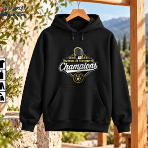 2026 World Series Champions Milwaukee baseball graphic with trophy, silver script, gold lettering and glove emblem