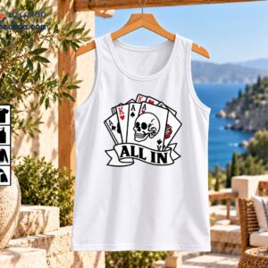 Poker skull shirt design with fanned playing cards, red and black suit symbols, and an ALL IN ribbon banner