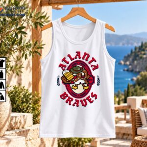 Atlanta Braves Oktoberfest graphic with cartoon pretzel mascot holding beer, red oval emblem and Gothic lettering