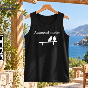Attempted Murder crow pun shirt design with white serif lettering and two white crow silhouettes perched on a branch