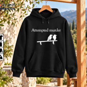Attempted Murder crow pun shirt design with white serif lettering and two white crow silhouettes perched on a branch