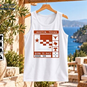 Austin Texas Born To Race Hook Em graphic with a longhorn, Texas silhouette, star, checkerboard pattern, and racing details