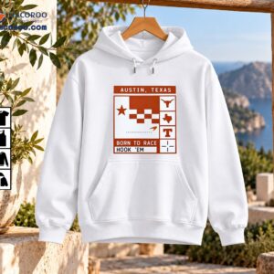 Austin Texas Born To Race Hook Em graphic with a longhorn, Texas silhouette, star, checkerboard pattern, and racing details