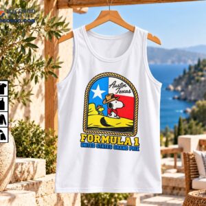 Vintage Austin Texas Formula 1 United States Grand Prix graphic with Snoopy, Woodstock, a cowboy hat, and Texas colors