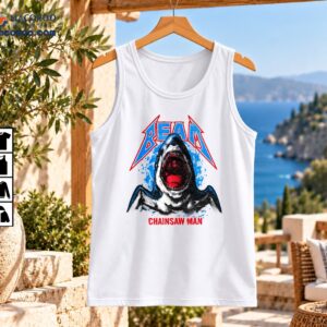 Beam shark fiend illustration with an open mouth, sharp teeth, blue water splashes, and Chainsaw Man lettering