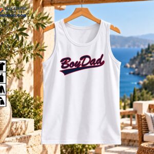 BoyDad vintage baseball script graphic in navy blue with red outline and sweeping underline