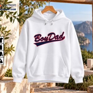 BoyDad vintage baseball script graphic in navy blue with red outline and sweeping underline