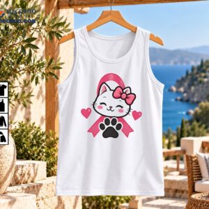 Cute white kitten with a pink bow, pink breast cancer awareness ribbon, two hearts, and a dark paw print.