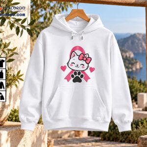 Cute white kitten with a pink bow, pink breast cancer awareness ribbon, two hearts, and a dark paw print.