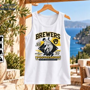 Brewers 2026 postseason vintage baseball graphic with batter, glove emblem, and navy and gold lettering