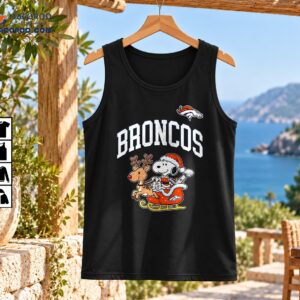 BRONCOS Christmas design with a cartoon beagle in a Santa hat riding a red sleigh with a reindeer