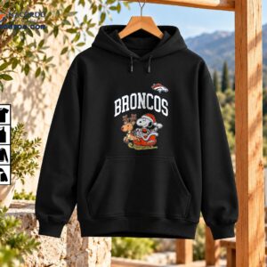 BRONCOS Christmas design with a cartoon beagle in a Santa hat riding a red sleigh with a reindeer