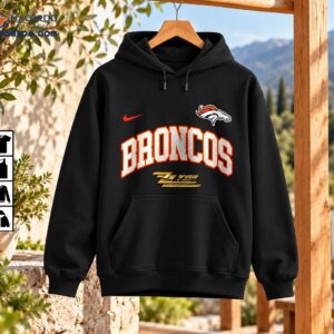 Broncos ZZ Top Vintage Rock Graphic Shirt 3 BRONCOS varsity lettering with orange outlines, a horse-head emblem, and metallic gold ZZ Top graphic