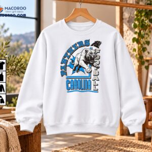 Carolina Panthers football shirt design with a roaring black and white panther, distressed blue graphics, and bold lettering