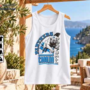 Carolina Panthers football shirt design with a roaring black and white panther, distressed blue graphics, and bold lettering