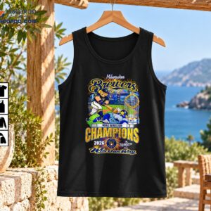 Milwaukee Brewers baseball championship graphic with a batter, World Series trophy, gold Champions lettering, and Win Our Way slogan