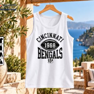 Vintage black and white football graphic with CINCINNATI, 1968 inside a football, BENGALS lettering, and a striped B emblem.