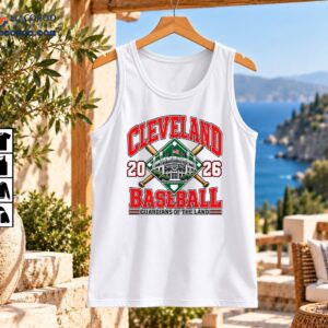 Cleveland Guardians of the Land 2026 baseball shirt graphic with Progressive Field, crossed bats and red varsity text