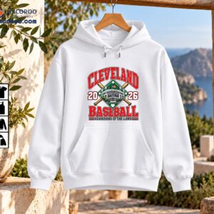 Cleveland Guardians of the Land 2026 baseball shirt graphic with Progressive Field, crossed bats and red varsity text