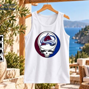 White skull graphic with burgundy and blue circular background and a stylized snow emblem