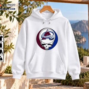 White skull graphic with burgundy and blue circular background and a stylized snow emblem