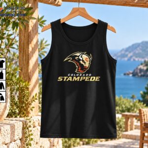 Colorado Stampede shirt graphic featuring a fierce cream, gold, black, and orange-red bison head above bold lettering