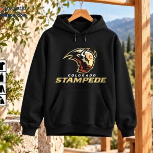 Colorado Stampede shirt graphic featuring a fierce cream, gold, black, and orange-red bison head above bold lettering